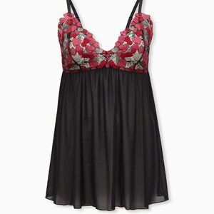 Torrid Black & Pink Heart Embroidered Mesh Babydoll - SZ 1 / 14